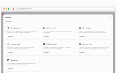 SUPERWISE Guardrails interface showing real-time policy evaluation, violation detection, and runtime protection in under 10ms