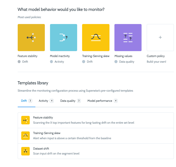 Putting together a continuous ML stack - Superwise add monitoring policy feature stability