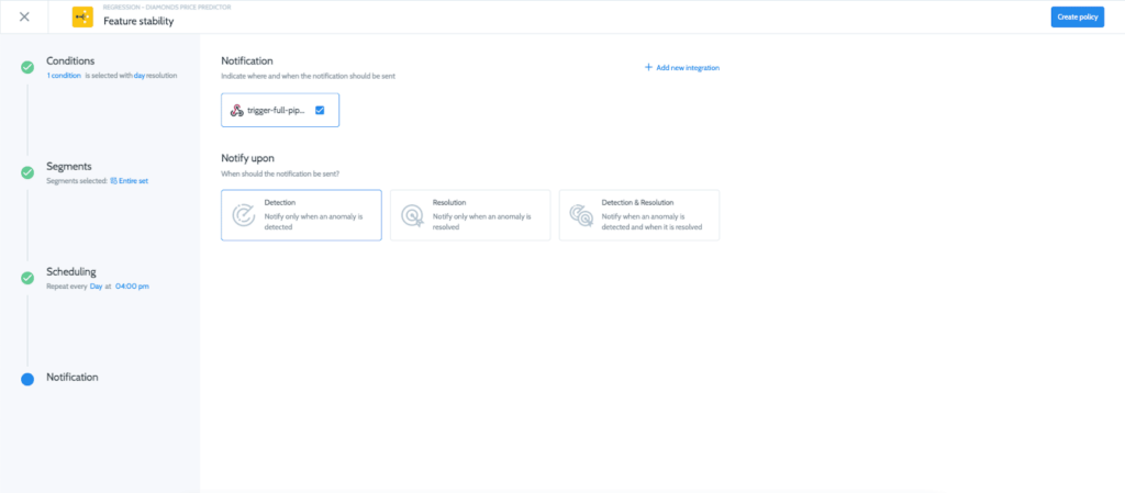 Putting together a continuous ML stack - Superwise add monitoring policy feature stability to webhook