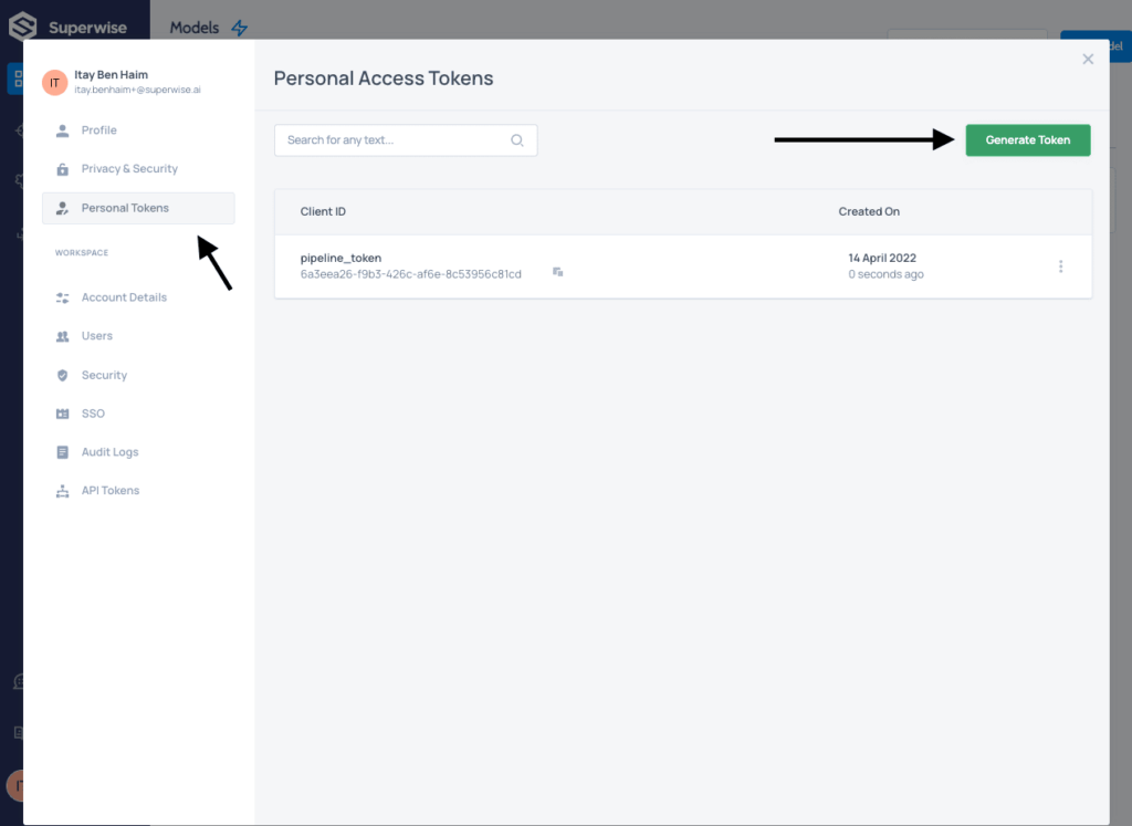 Putting together a continuous ML stack - Superwise personal access tokens